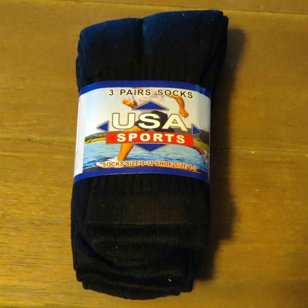 3 Pairs of Black USA Sports Socks Size 9-11